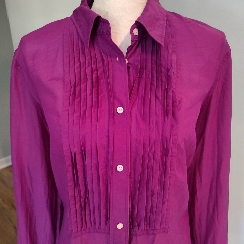 Lauren Ralph Lauren Magenta Pintuck Cotton Silk Blend Button Down Size 16 - Picture 3 of 9